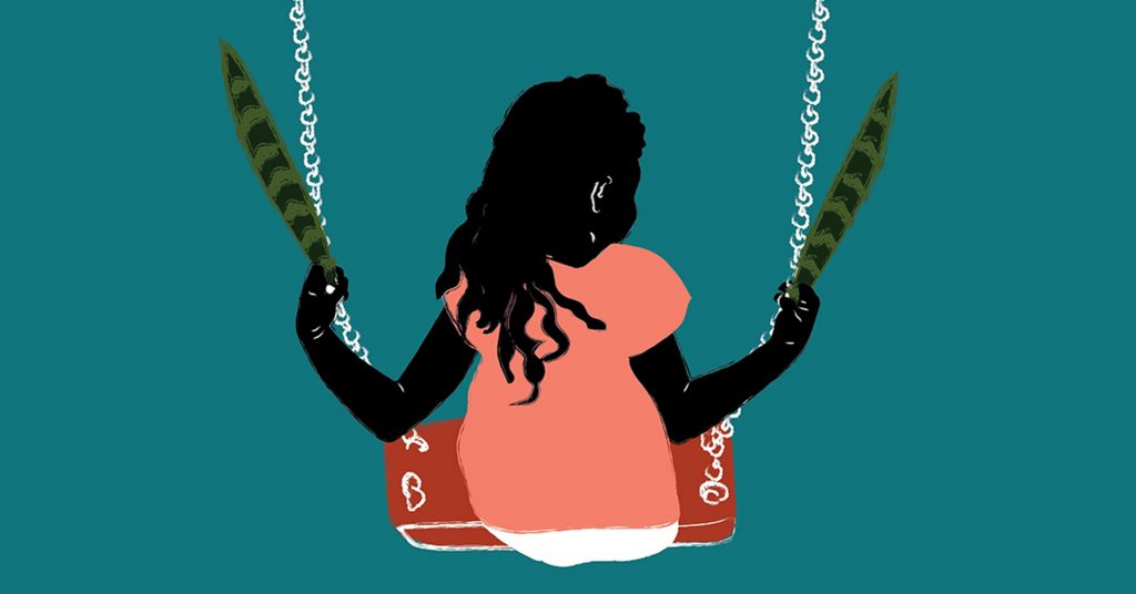 An illustration of a little girl on a swingset
