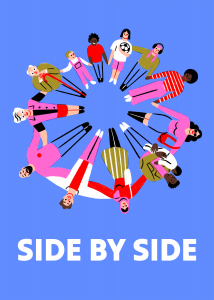 Drawing of people in a circle with their hands on each other’s shoulders. 
